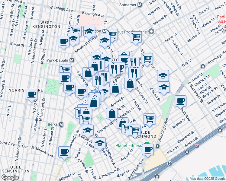 map of restaurants, bars, coffee shops, grocery stores, and more near 2133 East Letterly Street in Philadelphia