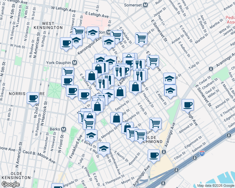 map of restaurants, bars, coffee shops, grocery stores, and more near 2142 East Letterly Street in Philadelphia