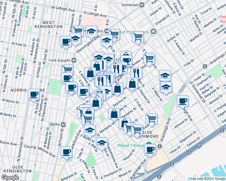 map of restaurants, bars, coffee shops, grocery stores, and more near 2133 East Letterly Street in Philadelphia