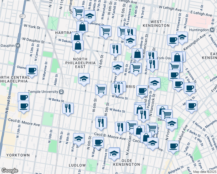 map of restaurants, bars, coffee shops, grocery stores, and more near 2038 North 5th Street in Philadelphia