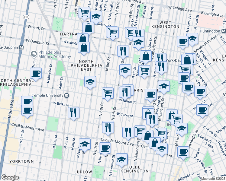 map of restaurants, bars, coffee shops, grocery stores, and more near 2048 North 5th Street in Philadelphia