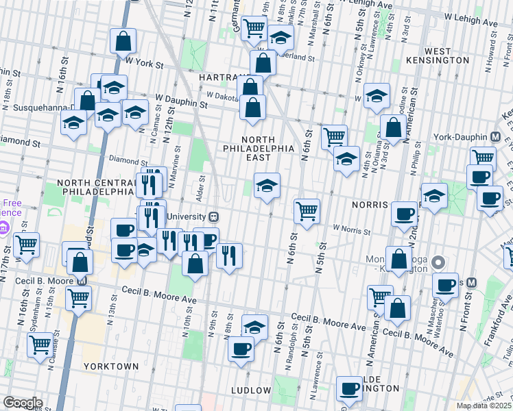 map of restaurants, bars, coffee shops, grocery stores, and more near 2021 North 8th Street in Philadelphia