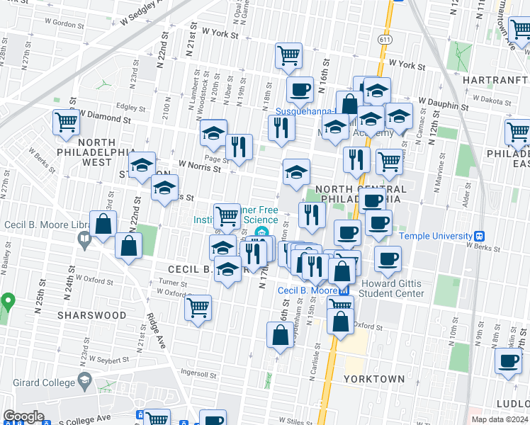 map of restaurants, bars, coffee shops, grocery stores, and more near in Philadelphia