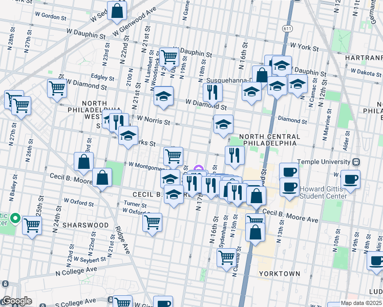 map of restaurants, bars, coffee shops, grocery stores, and more near 1849 North 18th Street in Philadelphia