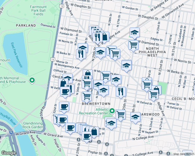 map of restaurants, bars, coffee shops, grocery stores, and more near 1731 North Newkirk Street in Philadelphia