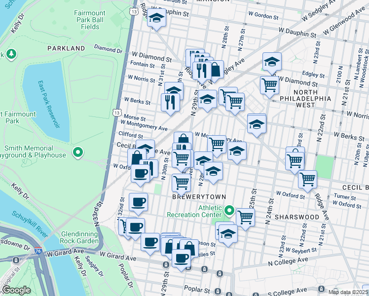 map of restaurants, bars, coffee shops, grocery stores, and more near 1718 North 29th Street in Philadelphia