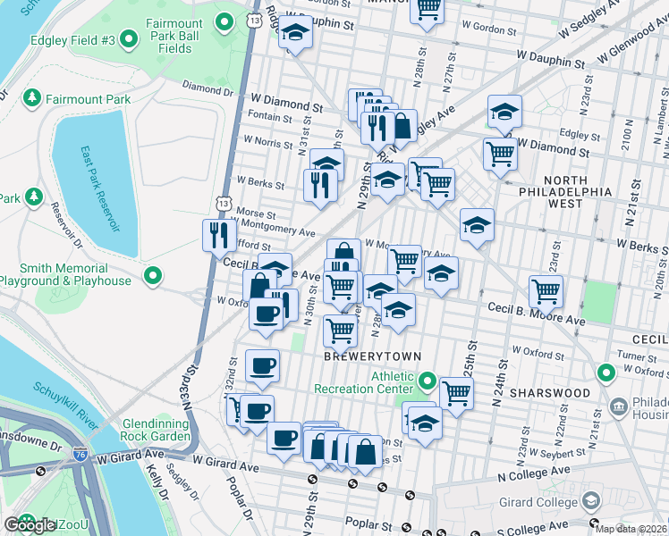 map of restaurants, bars, coffee shops, grocery stores, and more near 2934 West Glenwood Avenue in Philadelphia