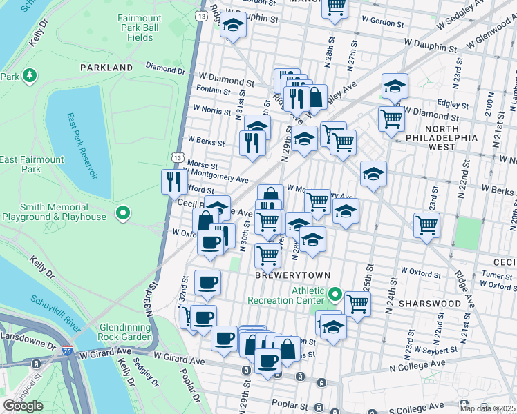 map of restaurants, bars, coffee shops, grocery stores, and more near 2942 West Glenwood Avenue in Philadelphia