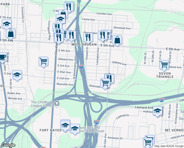 map of restaurants, bars, coffee shops, grocery stores, and more near 796 East Starr Avenue in Columbus