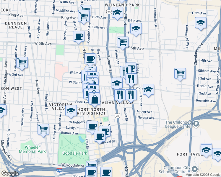 map of restaurants, bars, coffee shops, grocery stores, and more near 974 Summit Street in Columbus