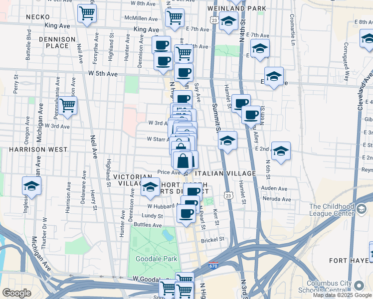 map of restaurants, bars, coffee shops, grocery stores, and more near 1014 North High Street in Columbus