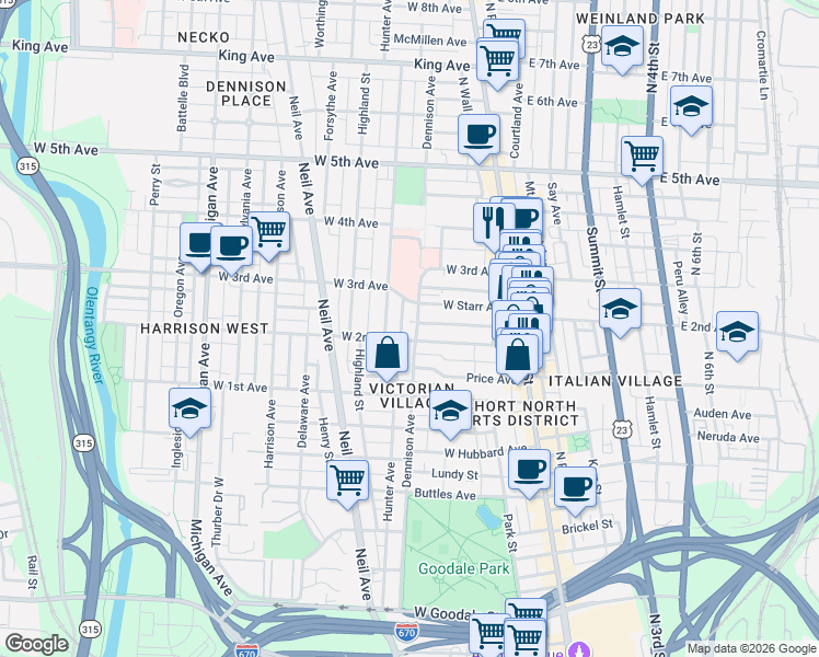 map of restaurants, bars, coffee shops, grocery stores, and more near 1007 Dennison Avenue in Columbus