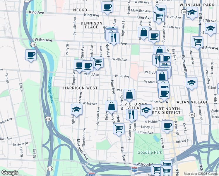 map of restaurants, bars, coffee shops, grocery stores, and more near 312 West 2nd Avenue in Columbus