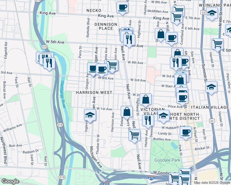 map of restaurants, bars, coffee shops, grocery stores, and more near 1047 Harrison Avenue in Columbus