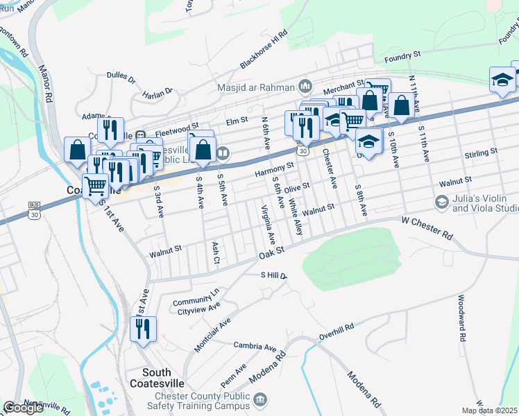 map of restaurants, bars, coffee shops, grocery stores, and more near 72 Virginia Avenue in Coatesville