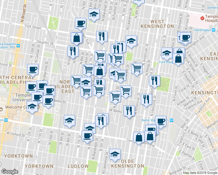 map of restaurants, bars, coffee shops, grocery stores, and more near 2038 North 5th Street in Philadelphia