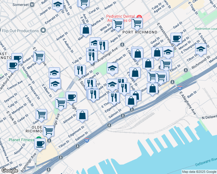 map of restaurants, bars, coffee shops, grocery stores, and more near 2542 East Monmouth Street in Philadelphia