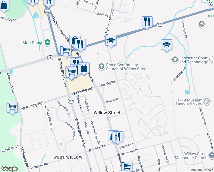 map of restaurants, bars, coffee shops, grocery stores, and more near 6 East Kendig Road in Willow Street