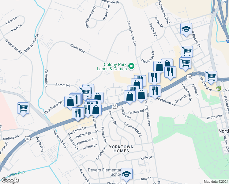 map of restaurants, bars, coffee shops, grocery stores, and more near 1617 Devers Road in York