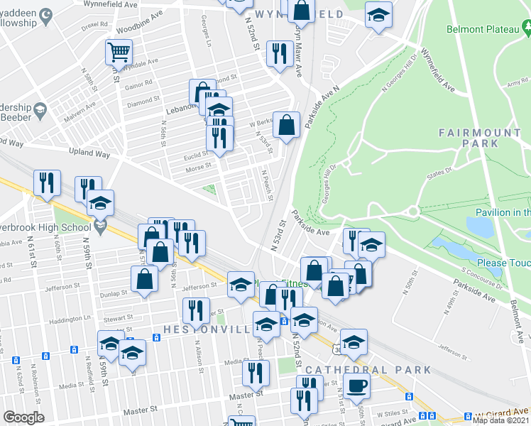 map of restaurants, bars, coffee shops, grocery stores, and more near 5316 West Oxford Street in Philadelphia