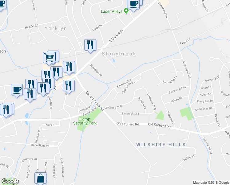 map of restaurants, bars, coffee shops, grocery stores, and more near 3700 Bedfordshire Drive in York