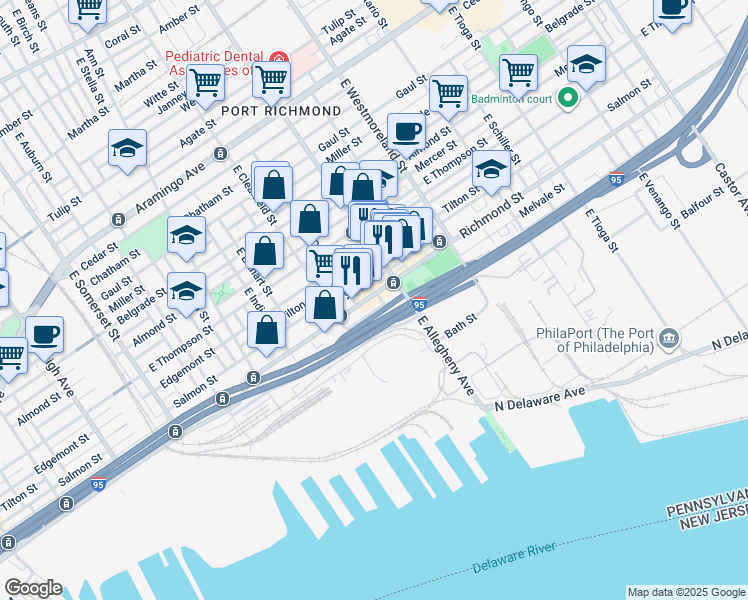 map of restaurants, bars, coffee shops, grocery stores, and more near 3153 1/2 Richmond Street in Philadelphia