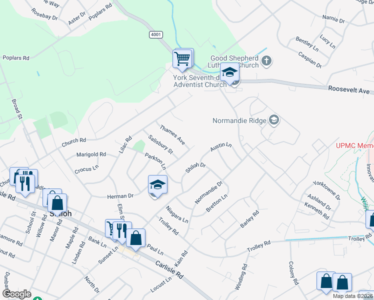 map of restaurants, bars, coffee shops, grocery stores, and more near 2100 Thames Avenue in York