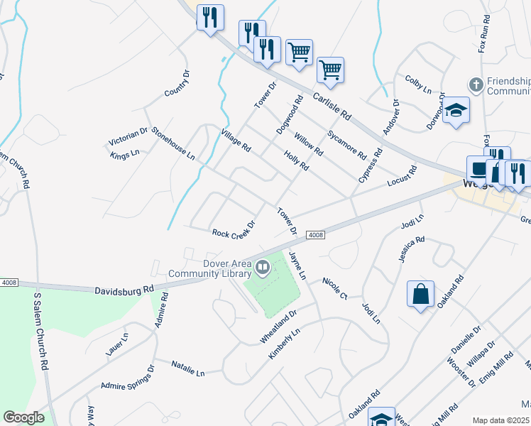 map of restaurants, bars, coffee shops, grocery stores, and more near 2610 Rock Creek Drive in Dover
