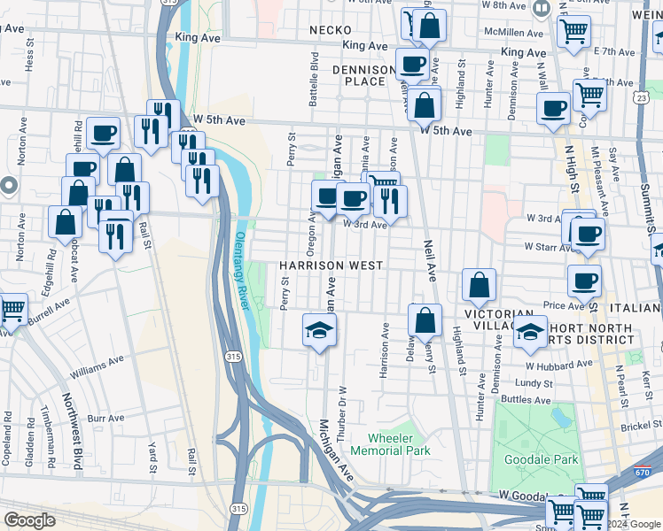 map of restaurants, bars, coffee shops, grocery stores, and more near Michigan Avenue & West 2nd Avenue in Columbus