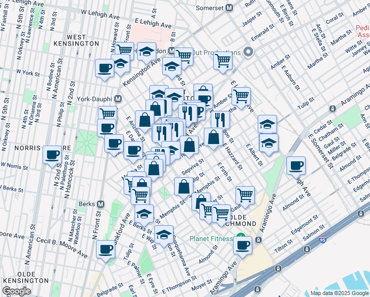 map of restaurants, bars, coffee shops, grocery stores, and more near 2140 East Letterly Street in Philadelphia