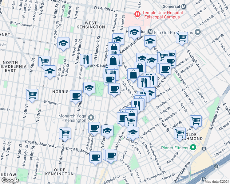 map of restaurants, bars, coffee shops, grocery stores, and more near 2024 East Susquehanna Avenue in Philadelphia