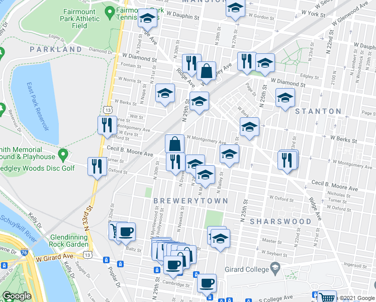 map of restaurants, bars, coffee shops, grocery stores, and more near 1729 North Dover Street in Philadelphia