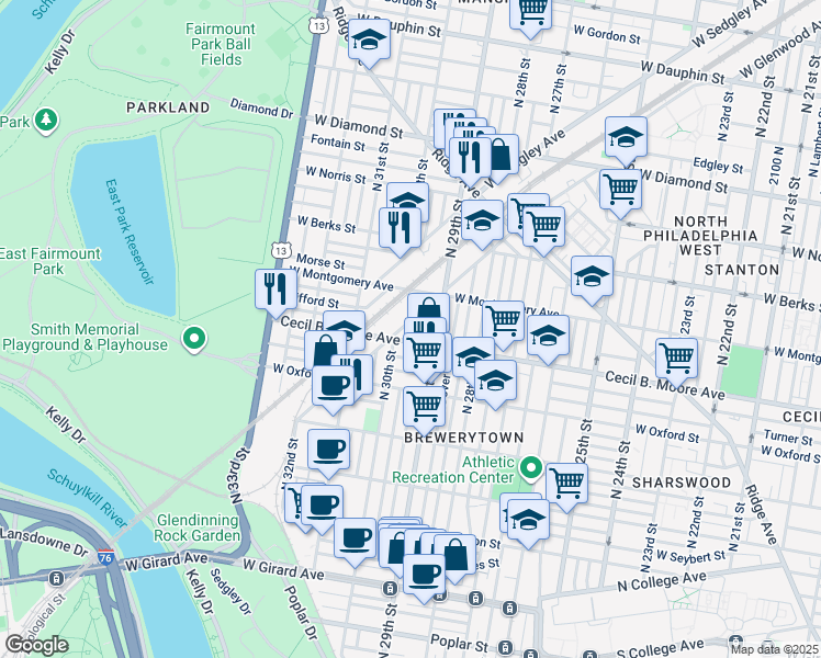 map of restaurants, bars, coffee shops, grocery stores, and more near 2940 West Glenwood Avenue in Philadelphia