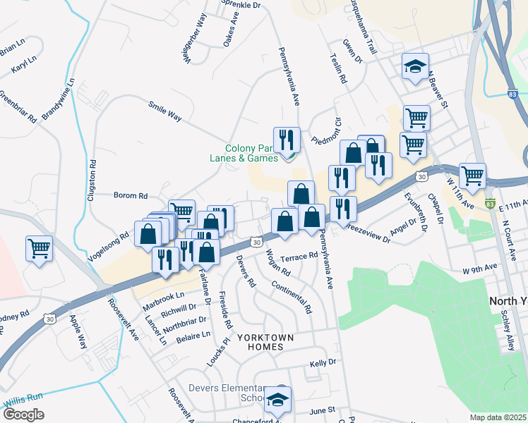 map of restaurants, bars, coffee shops, grocery stores, and more near 720 Hardwick Place in York