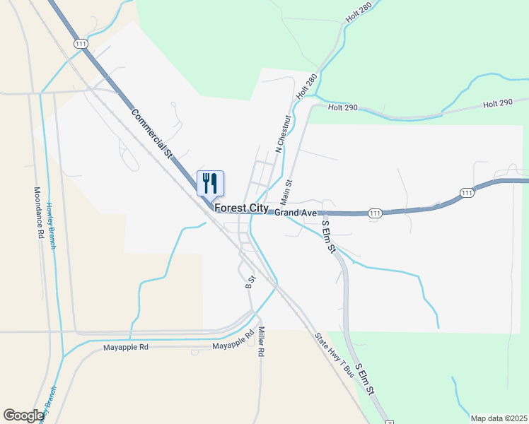 map of restaurants, bars, coffee shops, grocery stores, and more near Missouri 111 in Forest City