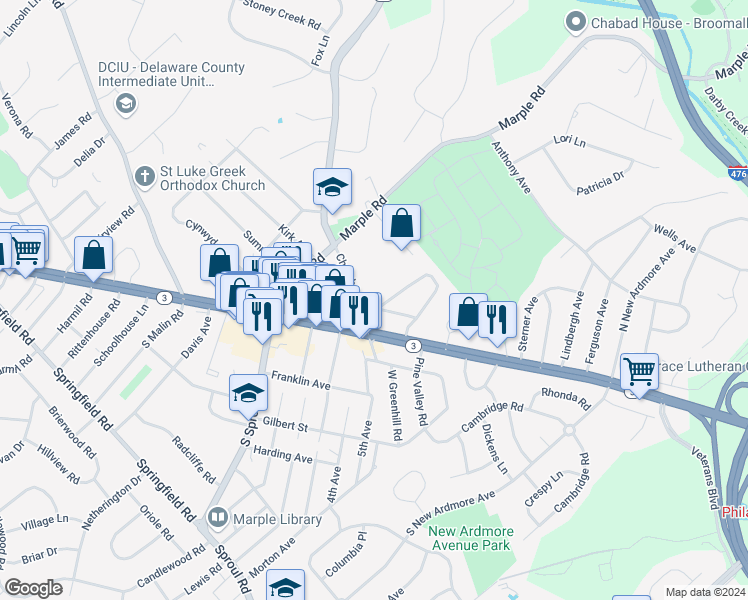 map of restaurants, bars, coffee shops, grocery stores, and more near 97 Georgian Lane in Broomall