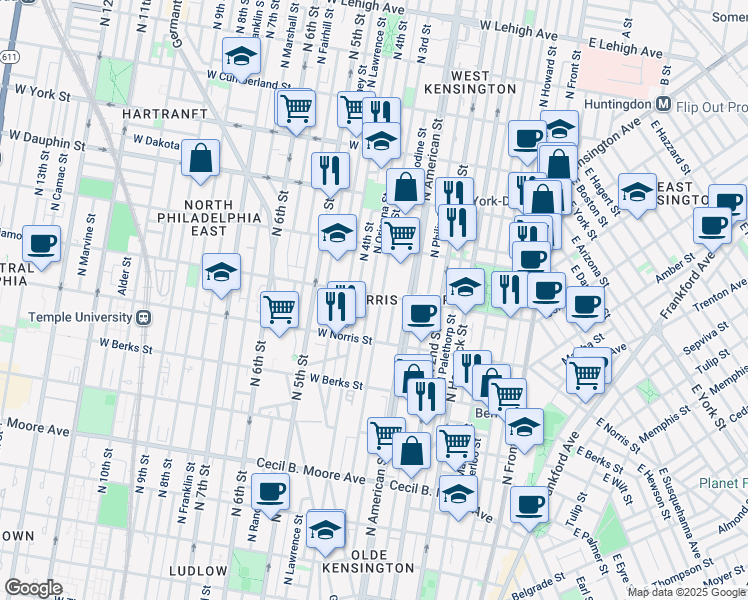 map of restaurants, bars, coffee shops, grocery stores, and more near 304 Diamond Street in Philadelphia