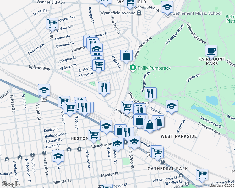 map of restaurants, bars, coffee shops, grocery stores, and more near 5316 West Oxford Street in Philadelphia