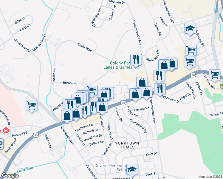 map of restaurants, bars, coffee shops, grocery stores, and more near 1780 Devers Road in York