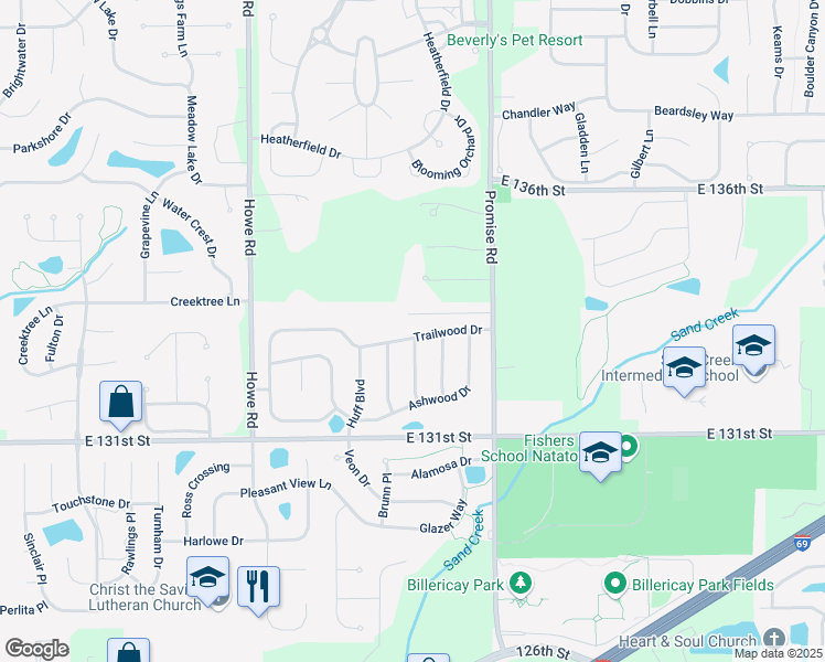 map of restaurants, bars, coffee shops, grocery stores, and more near 10866 Trailwood Drive in Fishers
