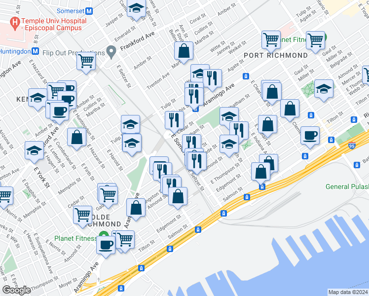 map of restaurants, bars, coffee shops, grocery stores, and more near 2443 East Somerset Street in Philadelphia