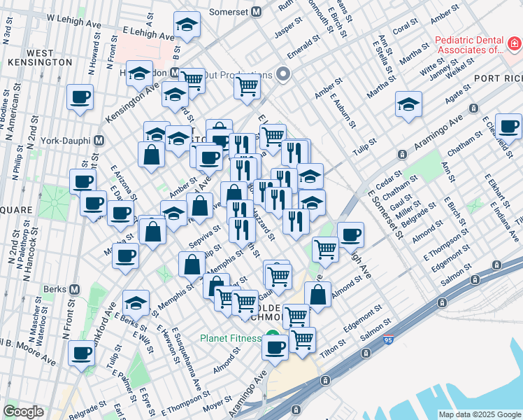 map of restaurants, bars, coffee shops, grocery stores, and more near 2218 East Huntingdon Street in Philadelphia