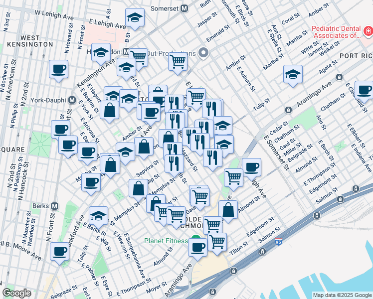 map of restaurants, bars, coffee shops, grocery stores, and more near 2214 East Huntingdon Street in Philadelphia