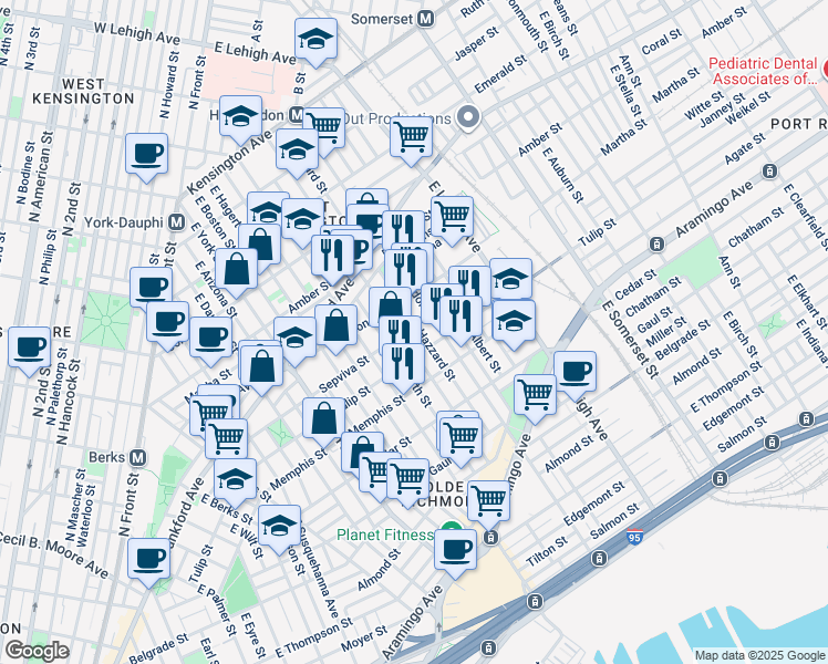 map of restaurants, bars, coffee shops, grocery stores, and more near 2553 Sepviva Street in Philadelphia