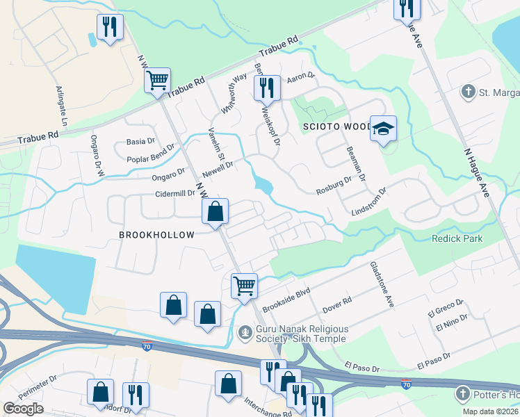map of restaurants, bars, coffee shops, grocery stores, and more near 3647 Grimes Drive in Columbus