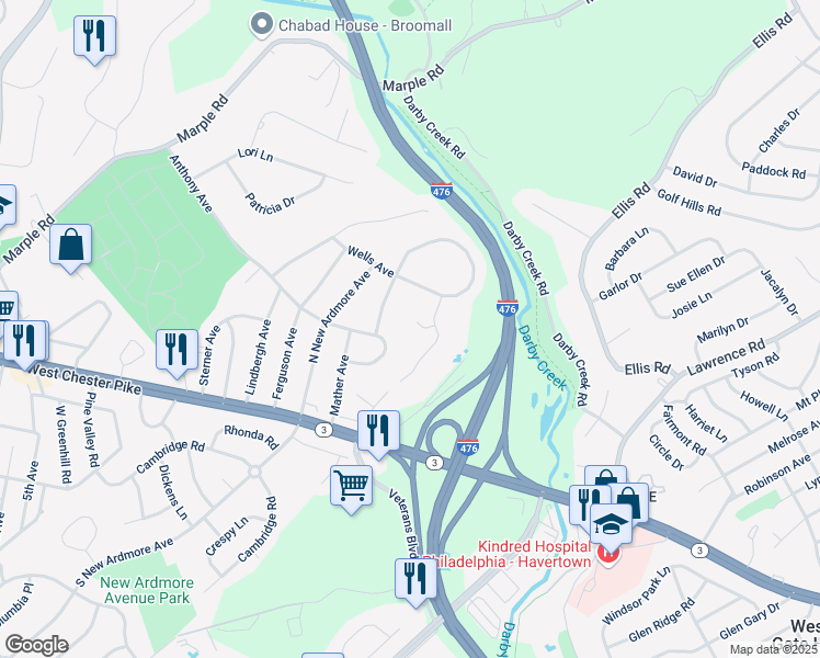 map of restaurants, bars, coffee shops, grocery stores, and more near 3 Darlene Circle in Broomall