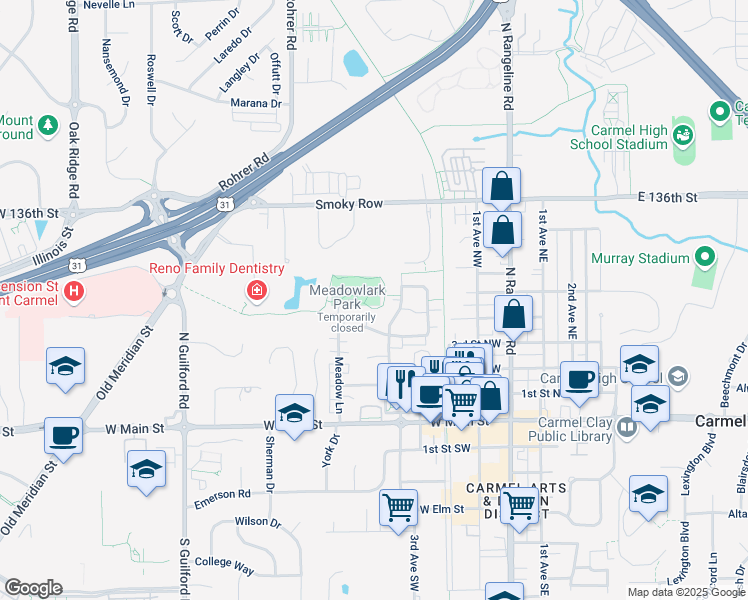 map of restaurants, bars, coffee shops, grocery stores, and more near 450 Meadow Lane in Carmel
