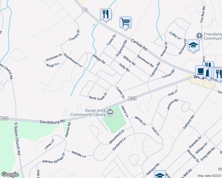 map of restaurants, bars, coffee shops, grocery stores, and more near 2610 Rock Creek Drive in Dover