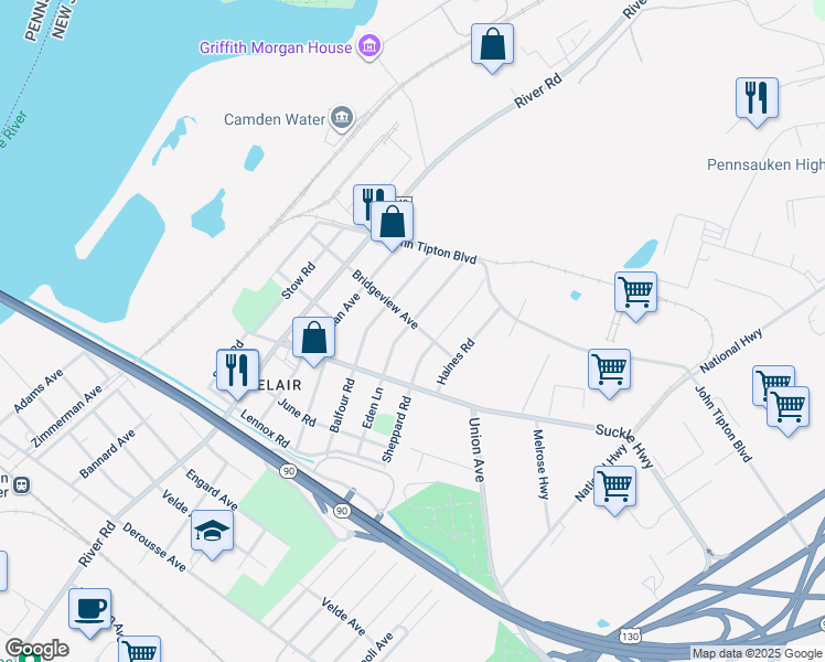 map of restaurants, bars, coffee shops, grocery stores, and more near 1005 Bridgeview Avenue in Pennsauken Township