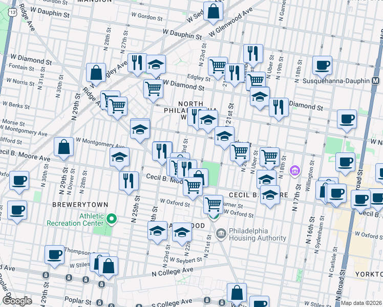 map of restaurants, bars, coffee shops, grocery stores, and more near 1821 North Croskey Street in Philadelphia